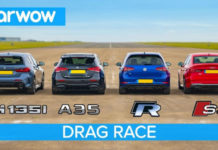 Автомобили BMW M135i, Audi S3, Mercedes-AMG A 35 и VW Golf R