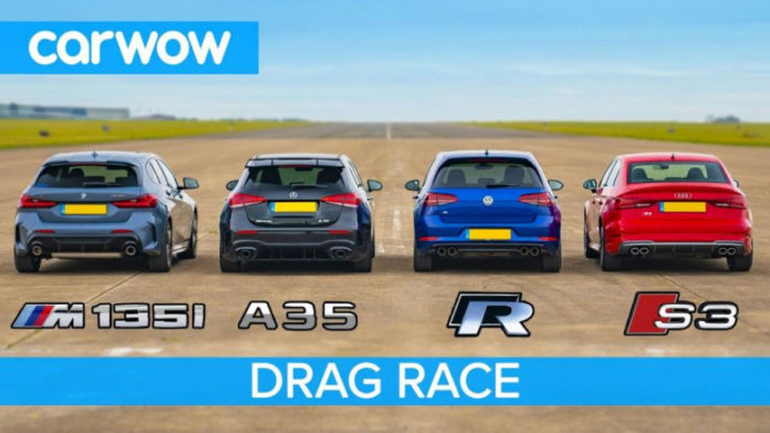 Автомобили BMW M135i, Audi S3, Mercedes-AMG A 35 и VW Golf R